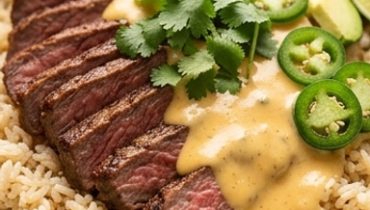 Steak, Reis und cremige Queso-Sauce