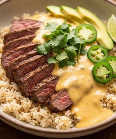 Steak, Reis und cremige Queso-Sauce
