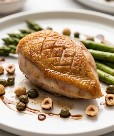Perlhuhn-Suprema mit grünem Spargel, Haselnüssen und Kapern