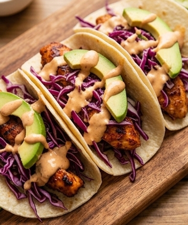 Chipotle Hähnchen-Tacos mit Apfel-Rotkohl-Slaw und hausgemachter Crema