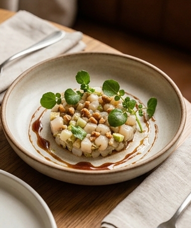 Jakobsmuschel-Tatar mit Artischocken, grünem Apfel und Apfelsaft-Reduktion