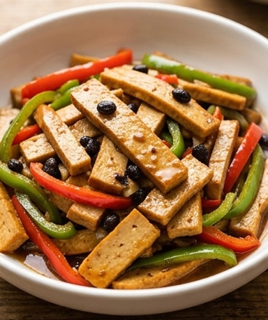 Gebratener gepresster Tofu mit Chilis und fermentierten schwarzen Bohnen