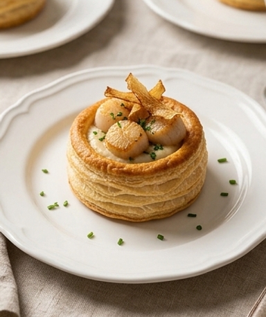 Vol-au-vent mit Jakobsmuscheln, Topinambur und Schwarzwurzel-Chips