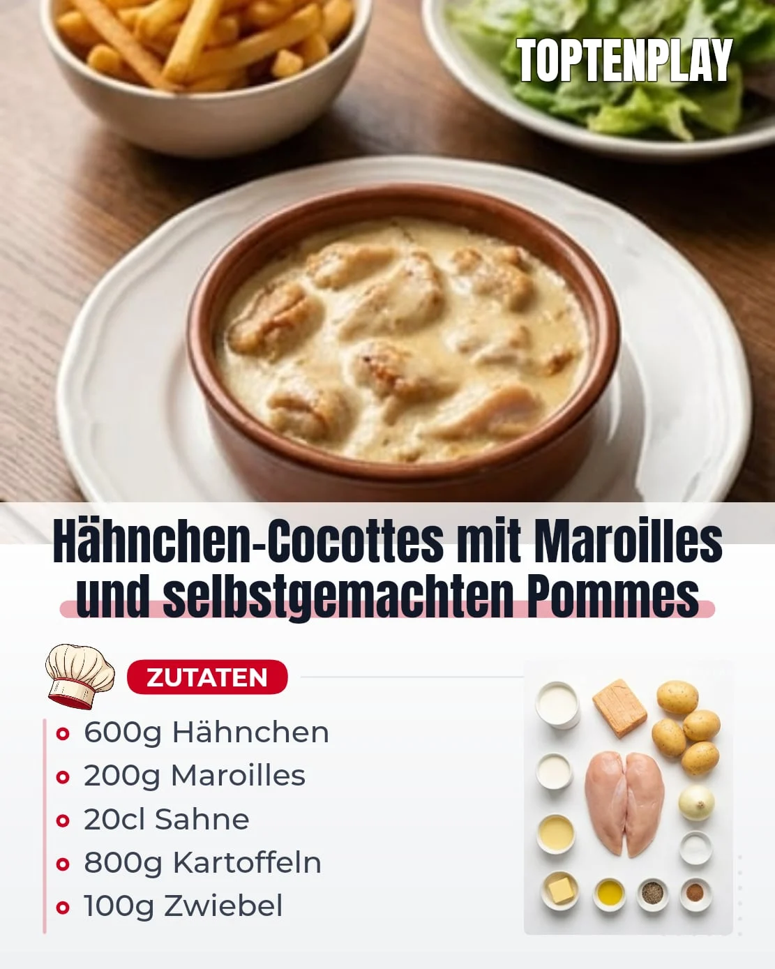 Hähnchen-Cocottes mit Maroilles und selbstgemachten Pommes