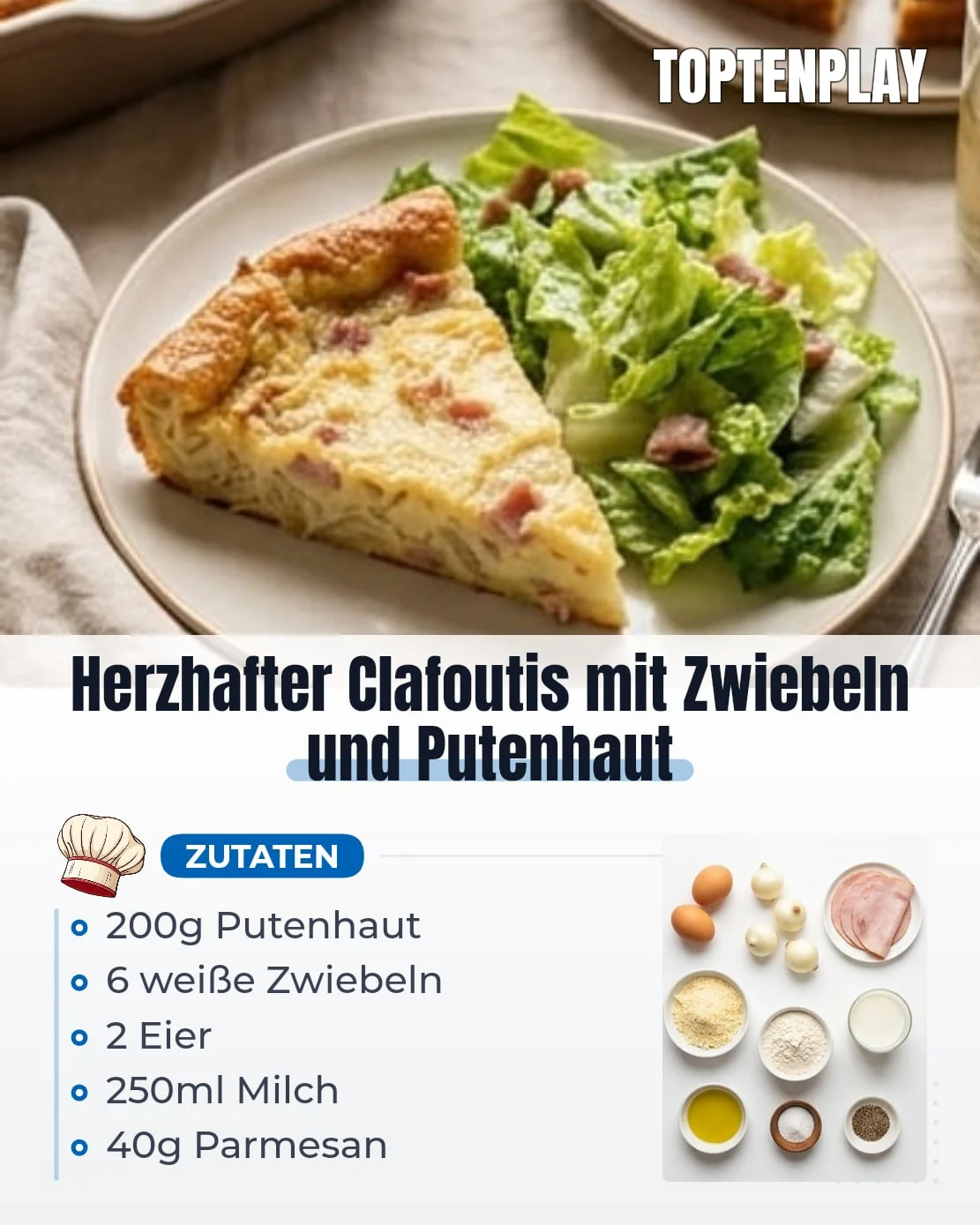 Herzhafter Clafoutis mit Zwiebeln und Putenhaut