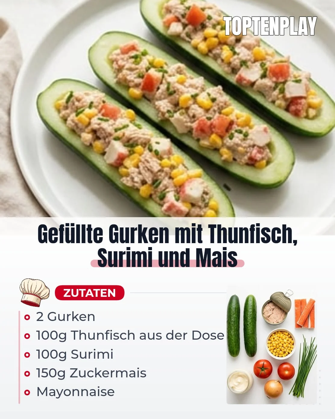 Gefüllte Gurken mit Thunfisch, Surimi und Mais
