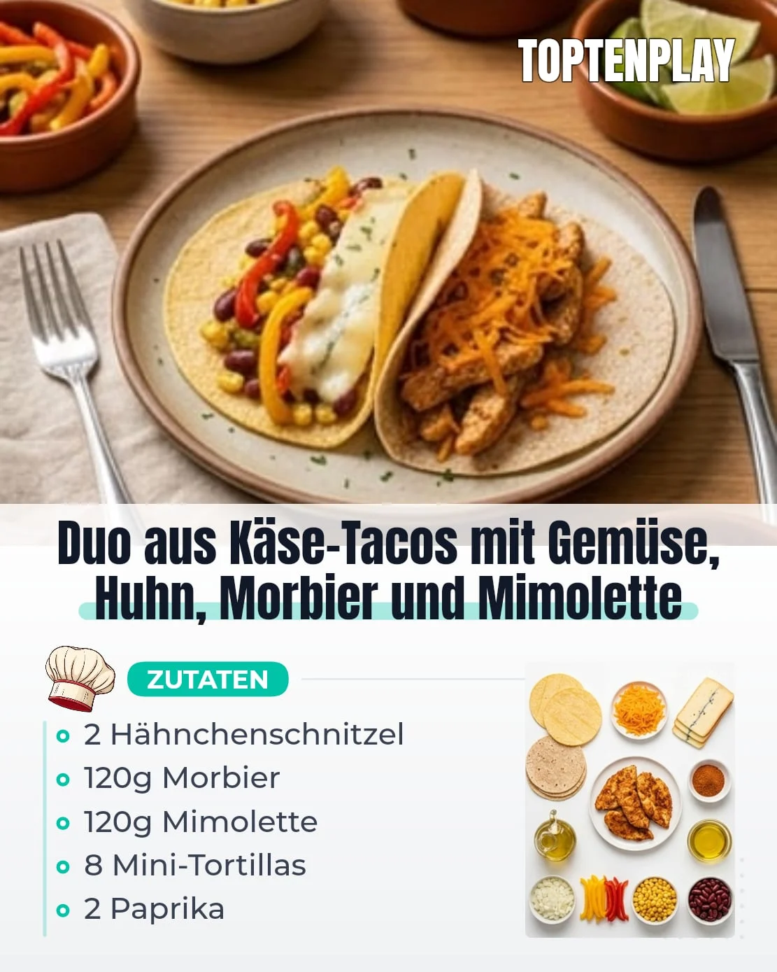 Duo aus Käse-Tacos mit Gemüse, Huhn, Morbier und Mimolette