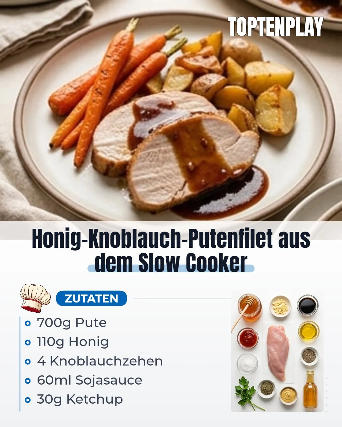 Honig-Knoblauch-Putenfilet aus dem Slow Cooker
• 700 g Putenfilet
• 110 g flüssiger Honig
• 4 Knoblauchzehen, gehackt
• 60 ml natriumreduzierte Sojasauce