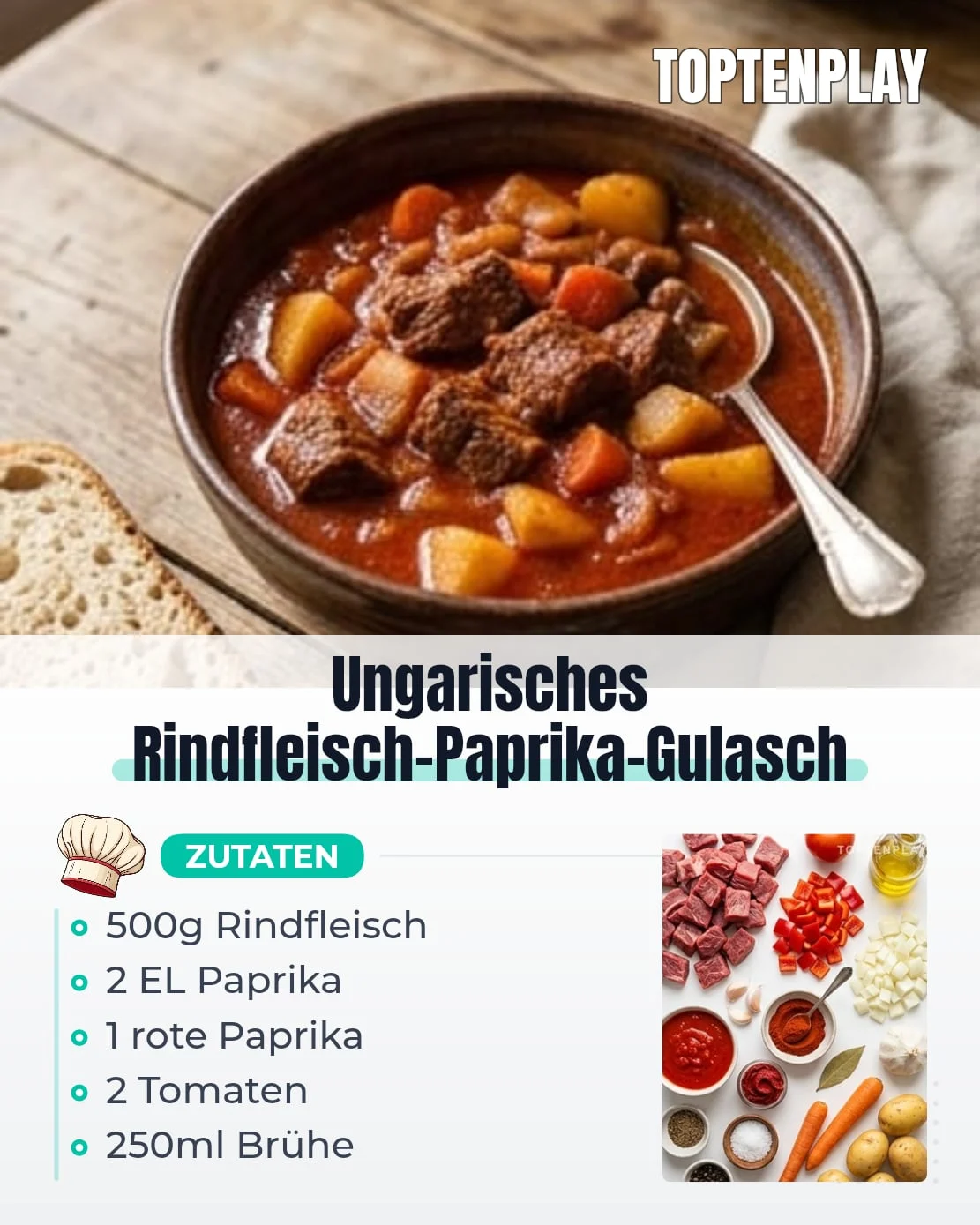 Ungarisches Rindfleisch-Paprika-Gulasch
• 500g Rindfleisch zum Schmoren, gewürfelt
• 1 große Zwiebel, fein geschnitten
• 1 rote Paprika, gewürfelt
• 2 geschälte Tomaten