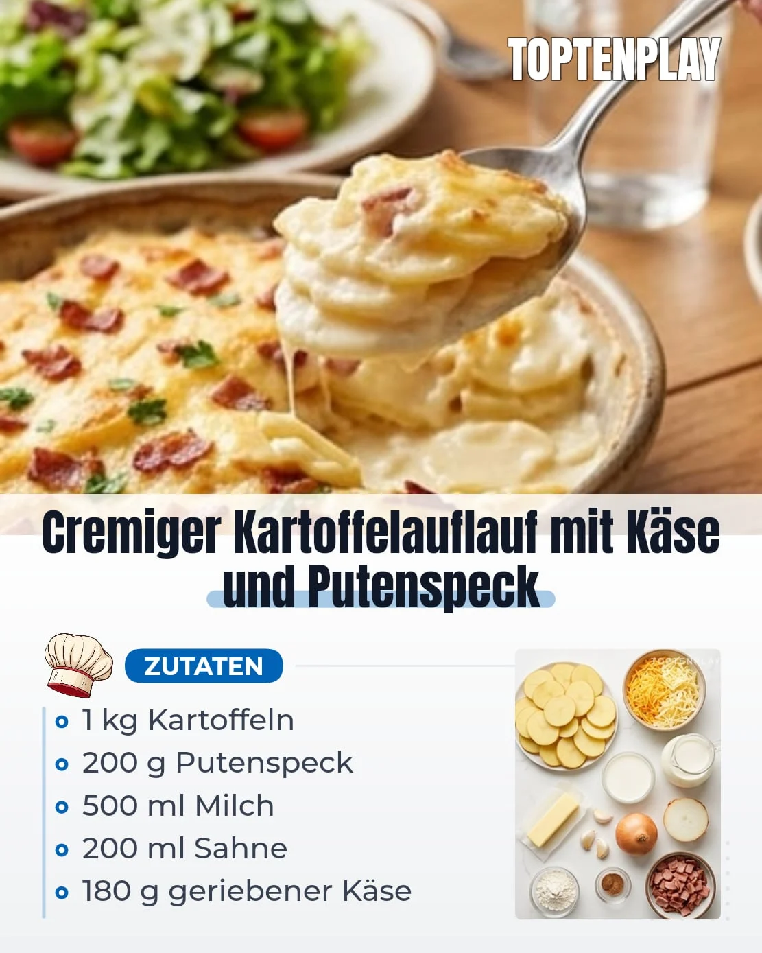 Cremiger Kartoffelauflauf mit Käse und Putenspeck