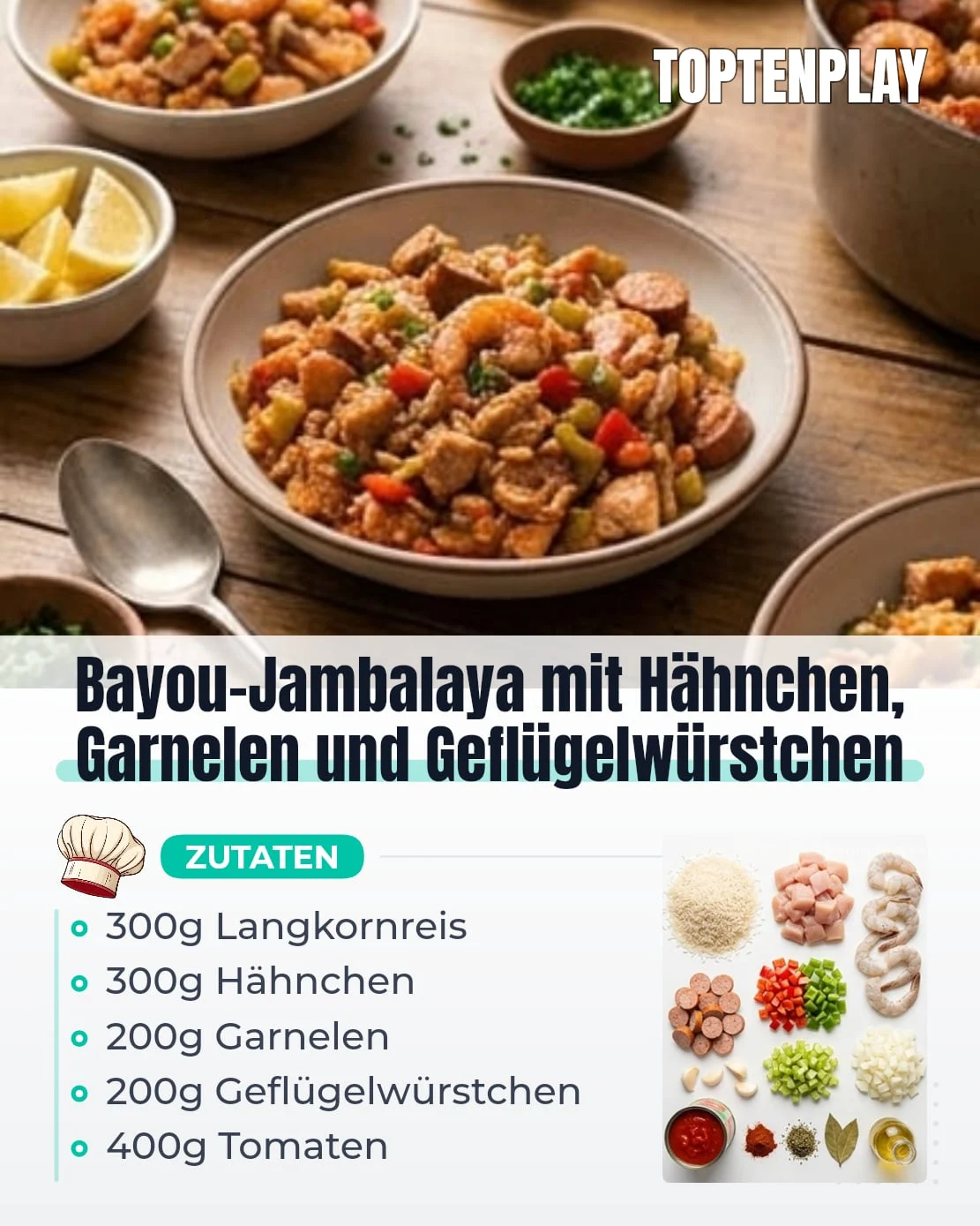 Bayou-Jambalaya mit Hähnchen, Garnelen und Geflügelwürstchen
