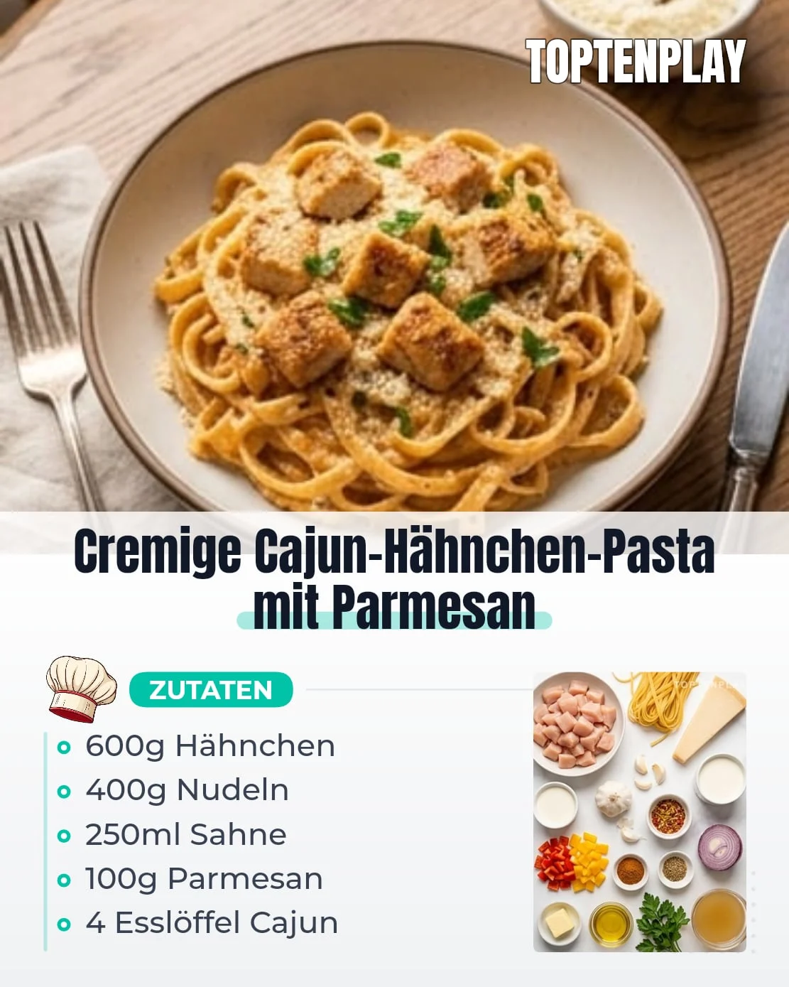 Cremige Cajun-Hähnchen-Pasta mit Parmesan
• 400g Nudeln wie Penne, Fettuccine, Linguine oder Tagliatelle
• 600g Hähnchenbrust in Stücke geschnitten
• 4 Esslöffel Cajun-Gewürze
• 1 Esslöffel Olivenöl