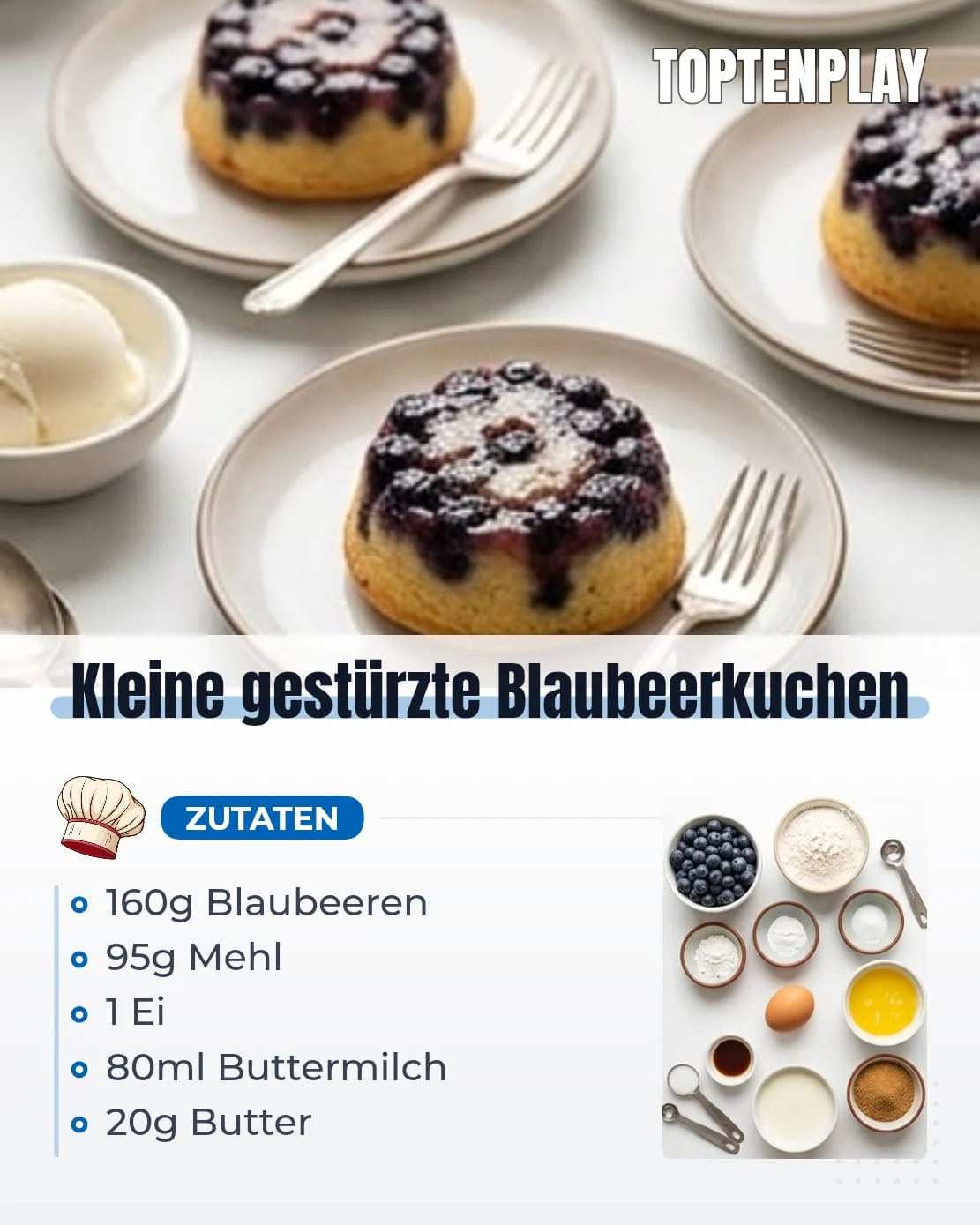 Kleine gestürzte Blaubeerkuchen