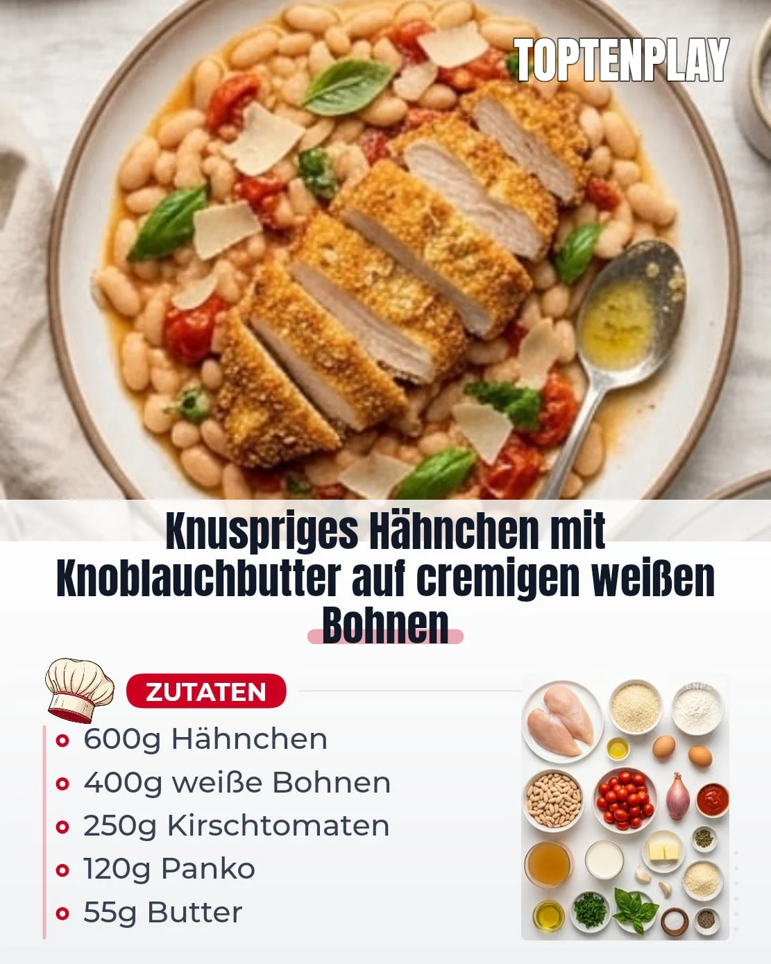 Knuspriges Hähnchen mit Knoblauchbutter auf cremigen weißen Bohnen