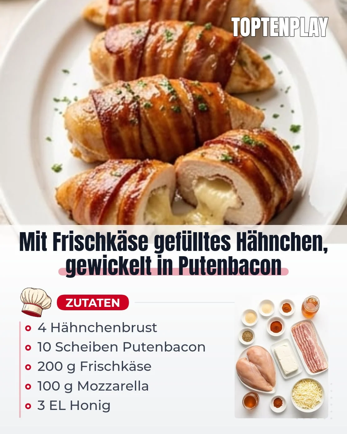 Mit Frischkäse gefülltes Hähnchen, gewickelt in Putenbacon