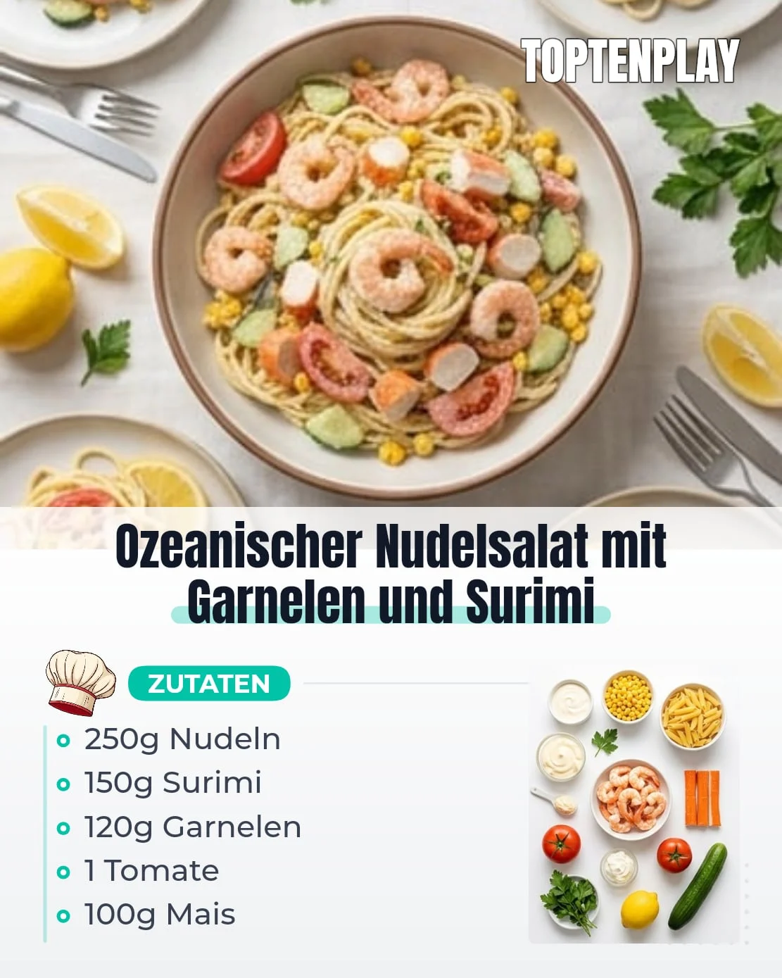 Ozeanischer Nudelsalat mit Garnelen und Surimi
• 250g kurze Nudeln
• 150g Surimi
• 120g gekochte geschälte Garnelen
• 1 mittelgroße Tomate