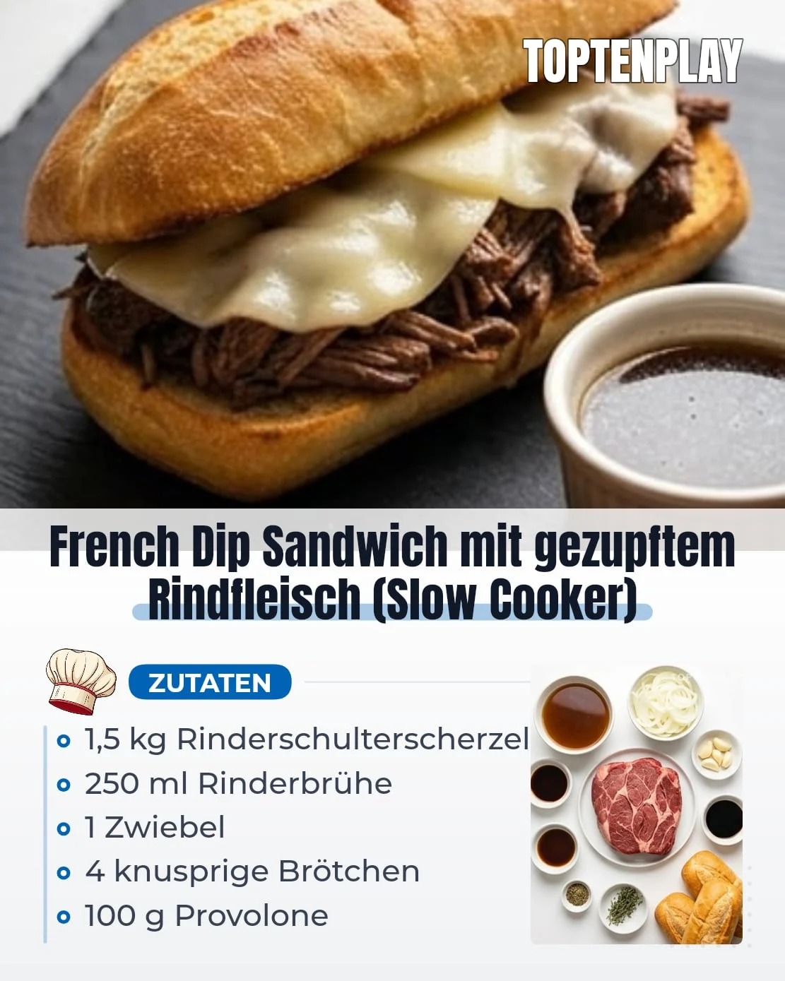 French Dip Sandwich mit gezupftem Rindfleisch (Slow Cooker)