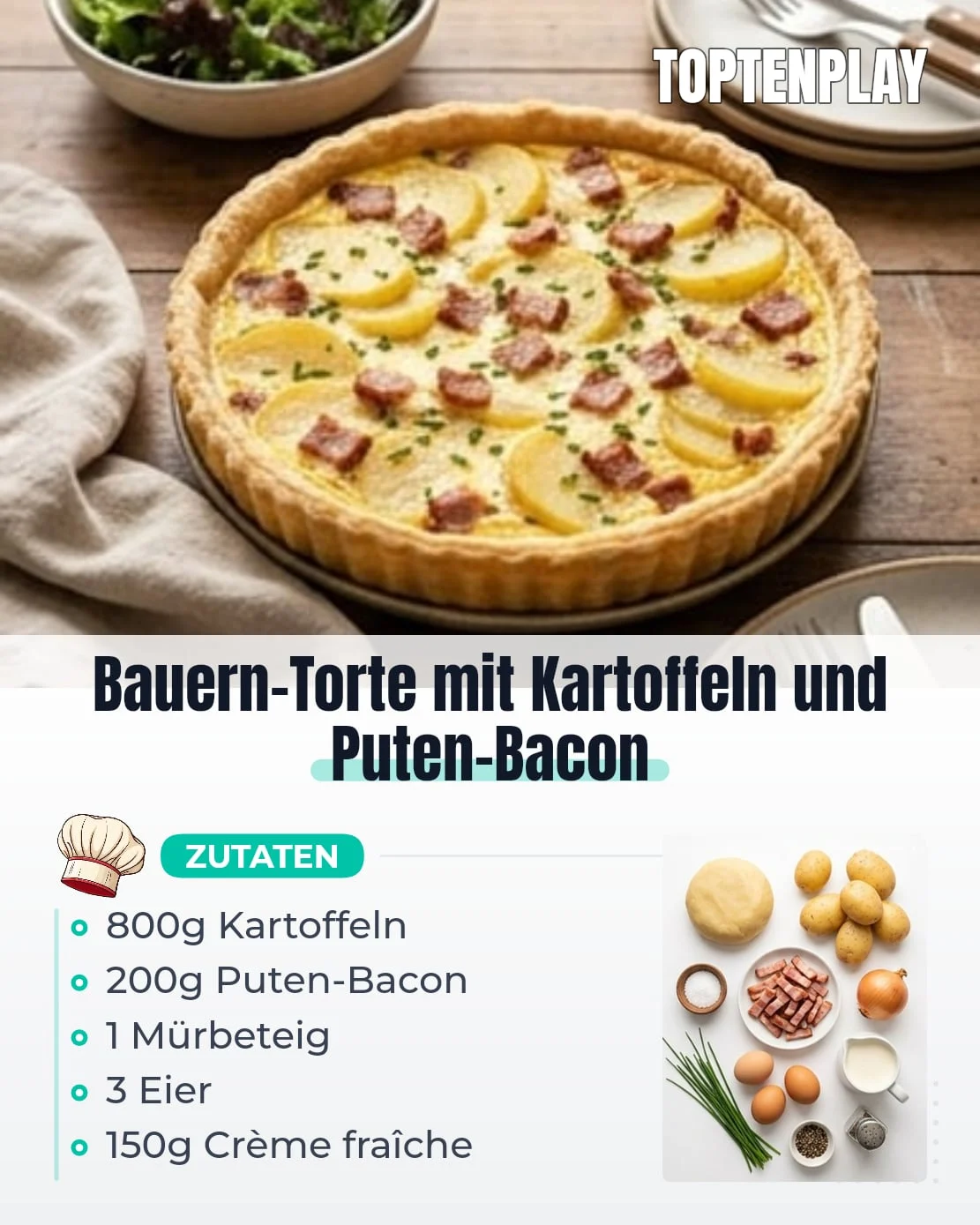 Bauern-Torte mit Kartoffeln und Puten-Bacon
• 1 Mürbeteig
• 800g Kartoffeln
• 200g geräucherter Puten-Bacon
• 1 gelbe Zwiebel