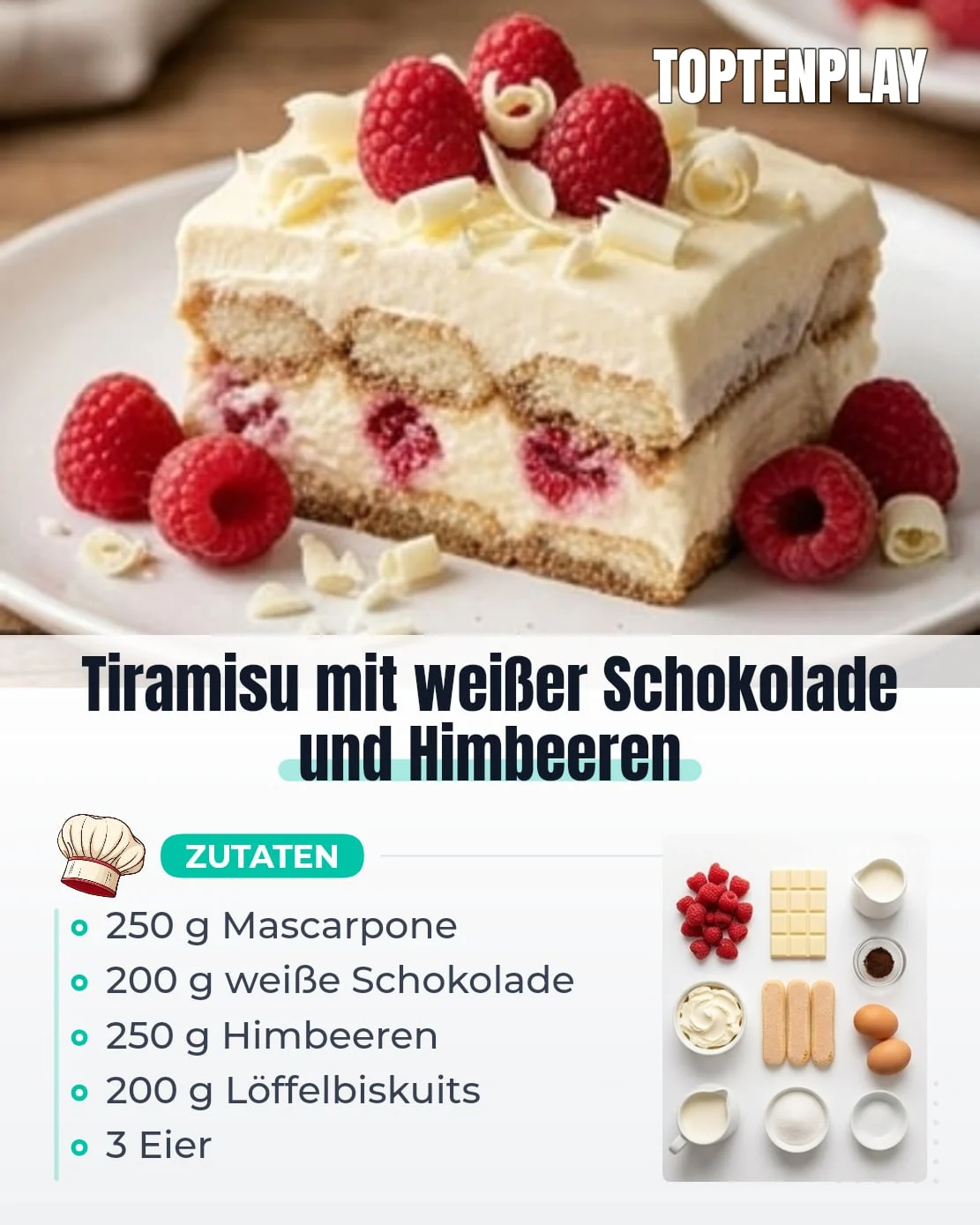 Tiramisu mit weißer Schokolade und Himbeeren