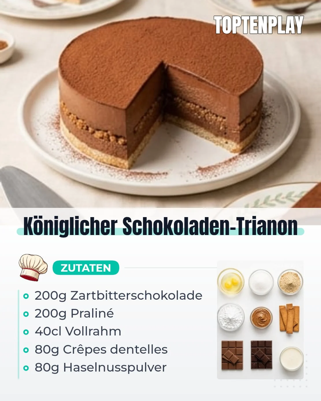 Königlicher Schokoladen-Trianon
• 3 Eiweiß
• 80g Zucker
• 80g Haselnusspulver
• 20g Puderzucker