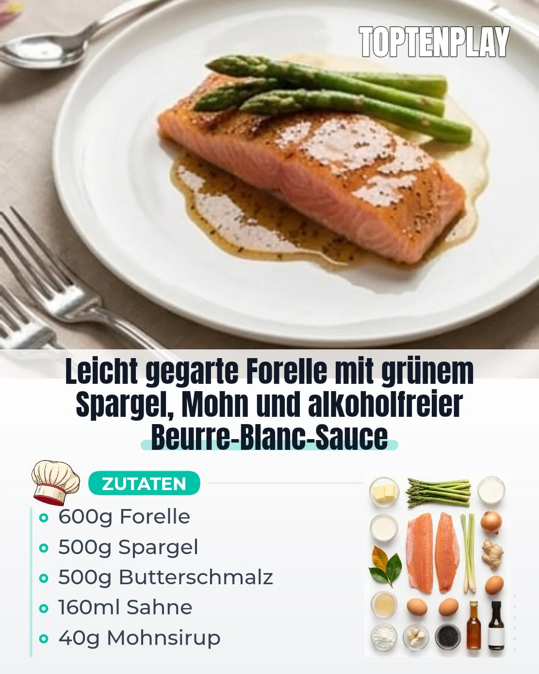Leicht gegarte Forelle, grüner Spargel, Mohn und alkoholfreie Beurre-Blanc-Sauce
• 600g Forellenfilet ohne Gräten
• 1L Wasser
• 100g feines Salz
• 50g Zucker