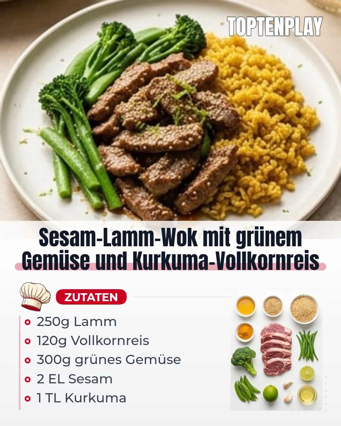 Sesam-Lamm-Wok mit grünem Gemüse und Kurkuma-Vollkornreis