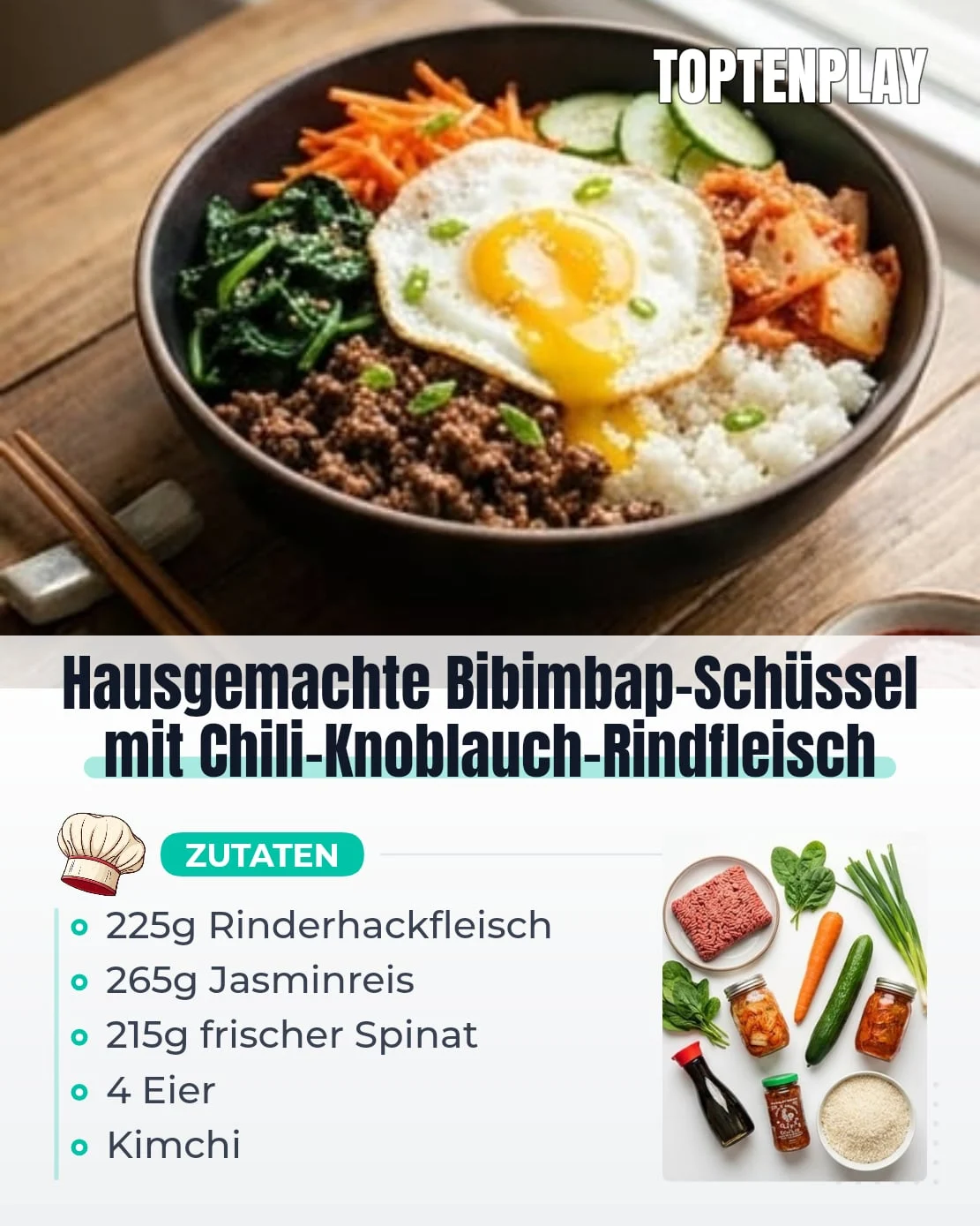 Hausgemachte Bibimbap-Schüssel mit Chili-Knoblauch-Rindfleisch