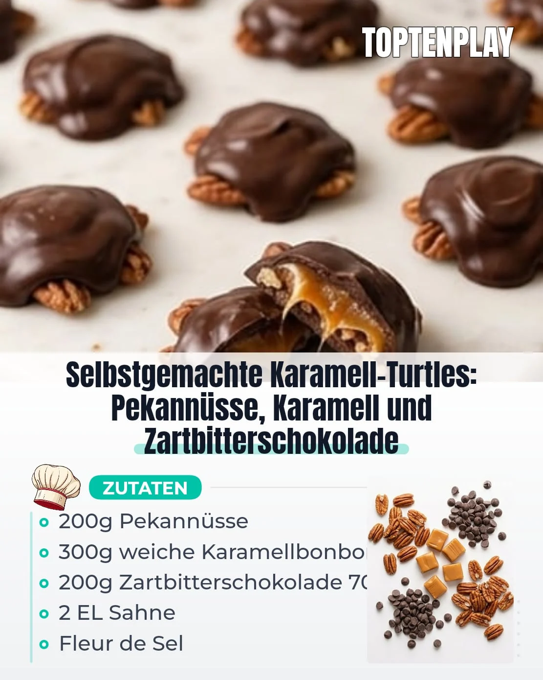 Selbstgemachte Karamell-Turtles: Pekannüsse, Karamell und Zartbitterschokolade