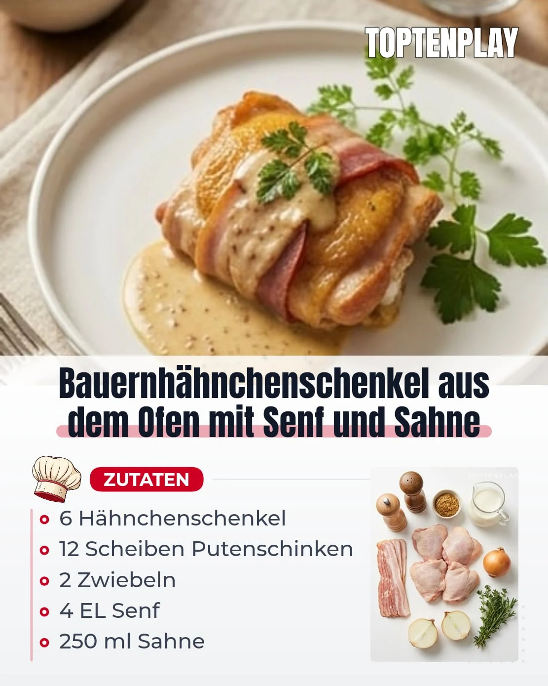 Bauernhähnchenschenkel aus dem Ofen mit Senf und Sahne