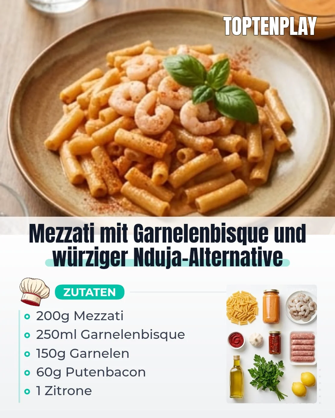 Mezzati mit Garnelenbisque und würziger Nduja-Alternative