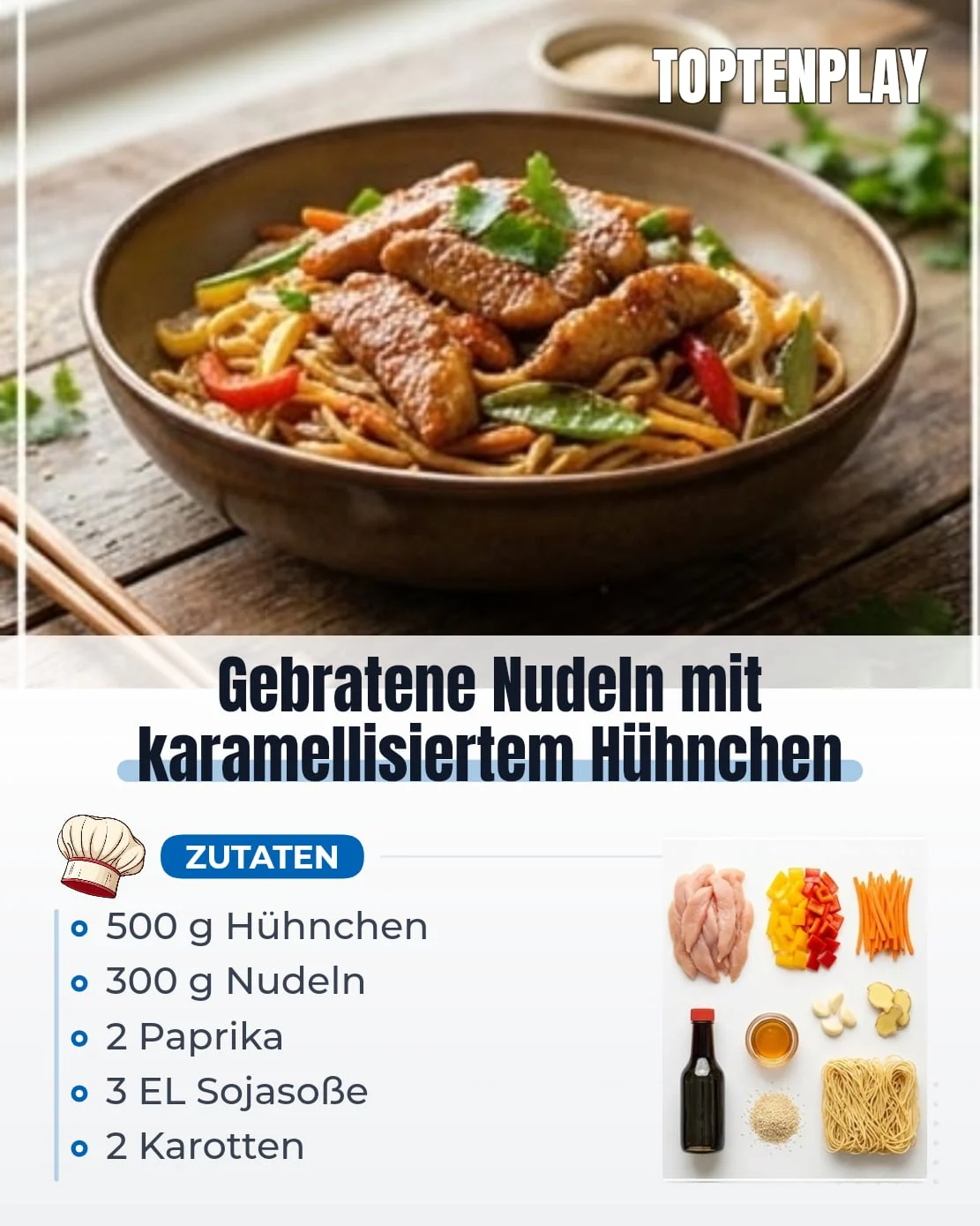 Gebratene Nudeln mit karamellisiertem Hühnchen