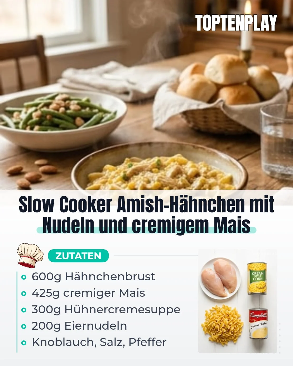 Slow Cooker Amish-Hähnchen mit Nudeln und cremigem Mais