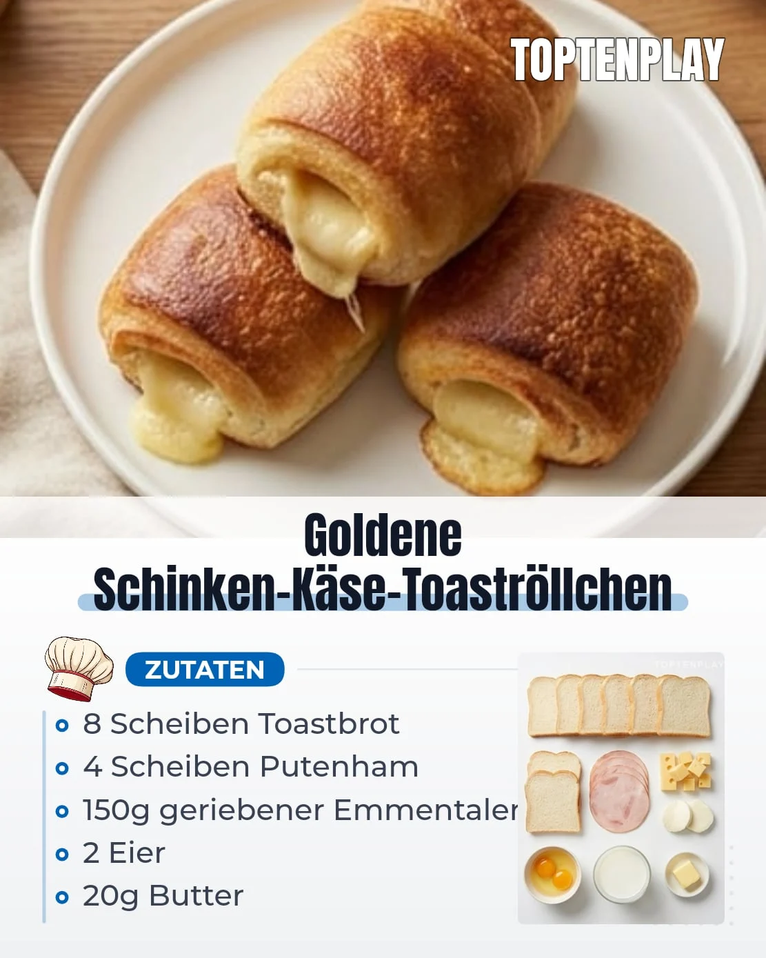 Goldene Schinken-Käse-Toaströllchen